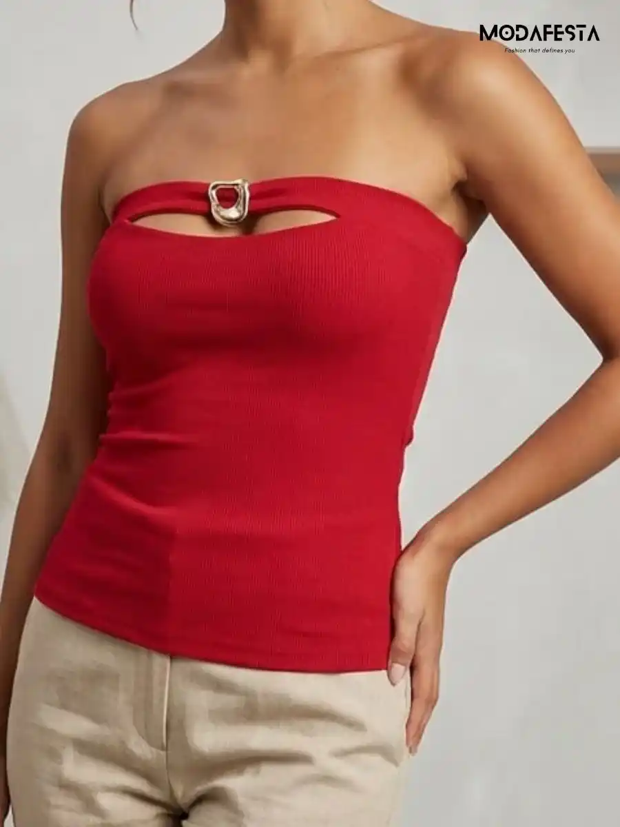 ModaFesta -elegant-buckle-cut-out-tube-top-red