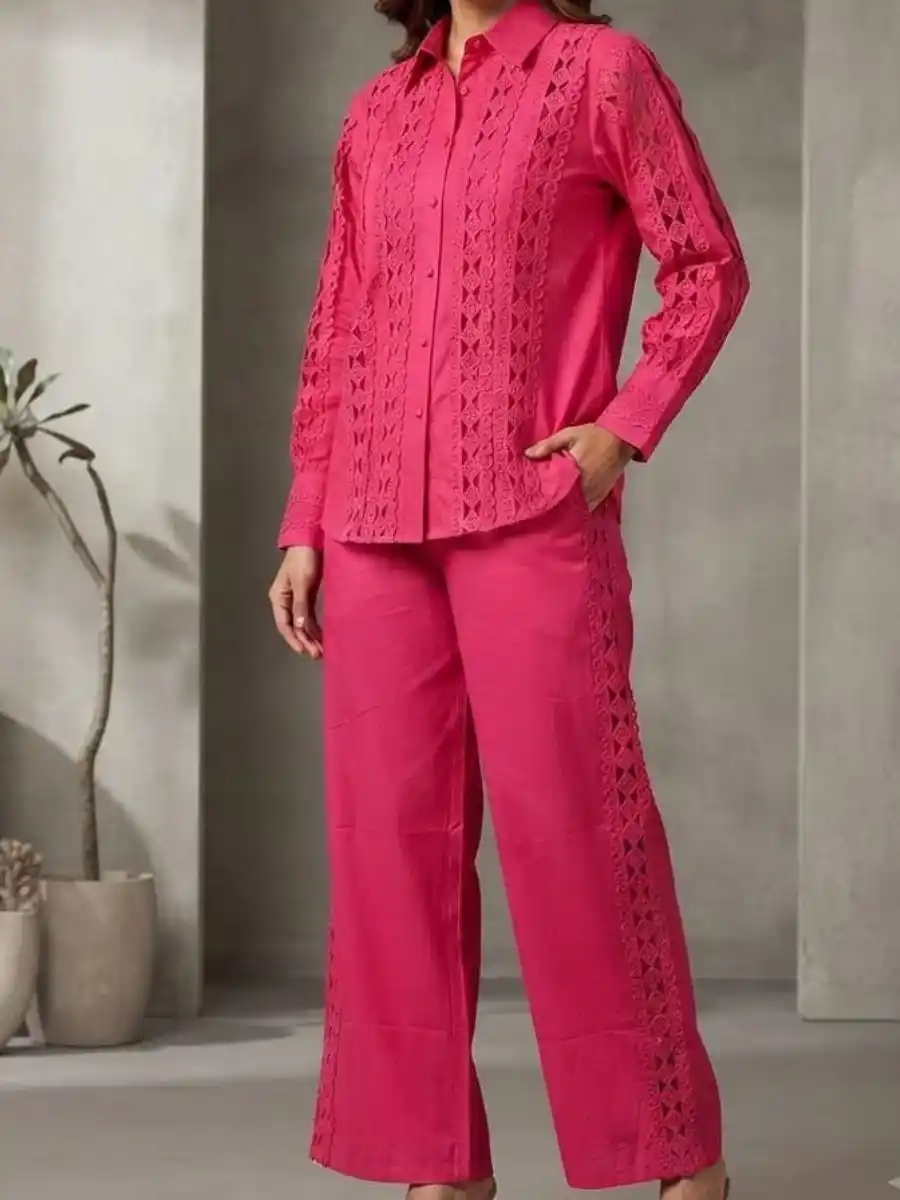 ModaFesta -fuchsia-intricate-cutwork-detailed-shirt-wide-leg-pants-coord-set