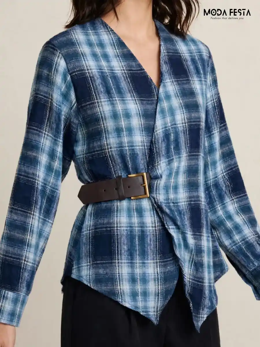 ModaFesta -plaid-v-neck-wrap-top