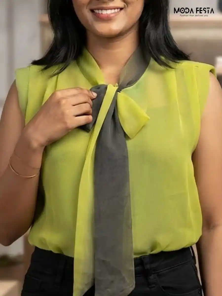 ModaFesta -lime-green-chiffon-bow-neck-sleeveless-top