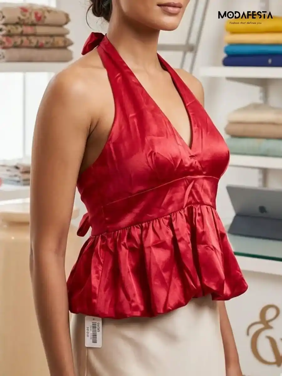 ModaFesta -classy-partywear-halter-neck-top-back-knot-style-red
