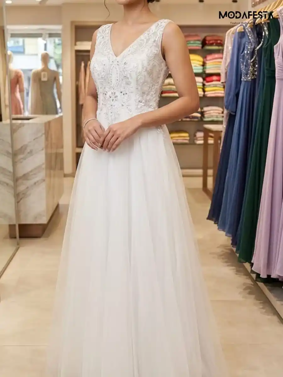 ModaFesta -elegant-v-neck-embellished-a-line-party-gown-white