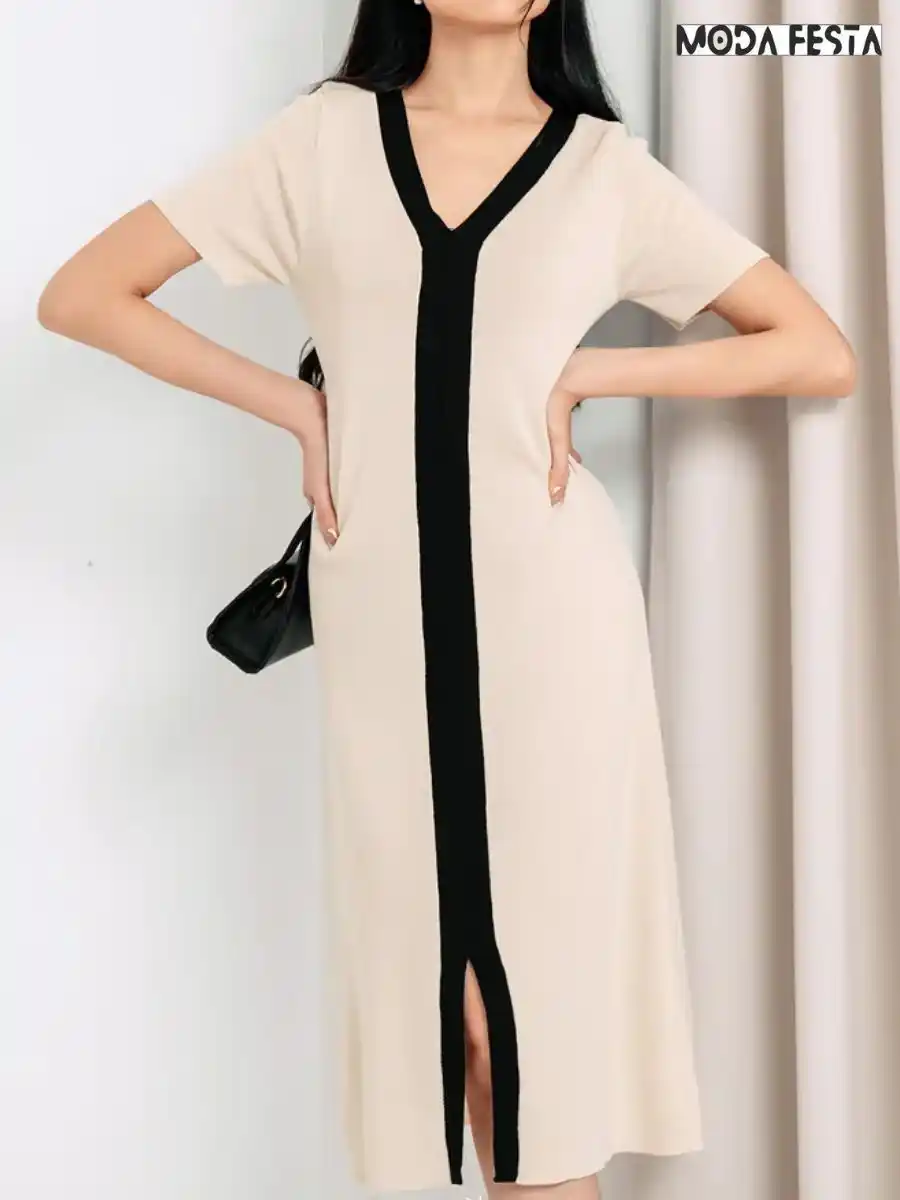 V-Neck Front Slit Two Tone Knit Dress