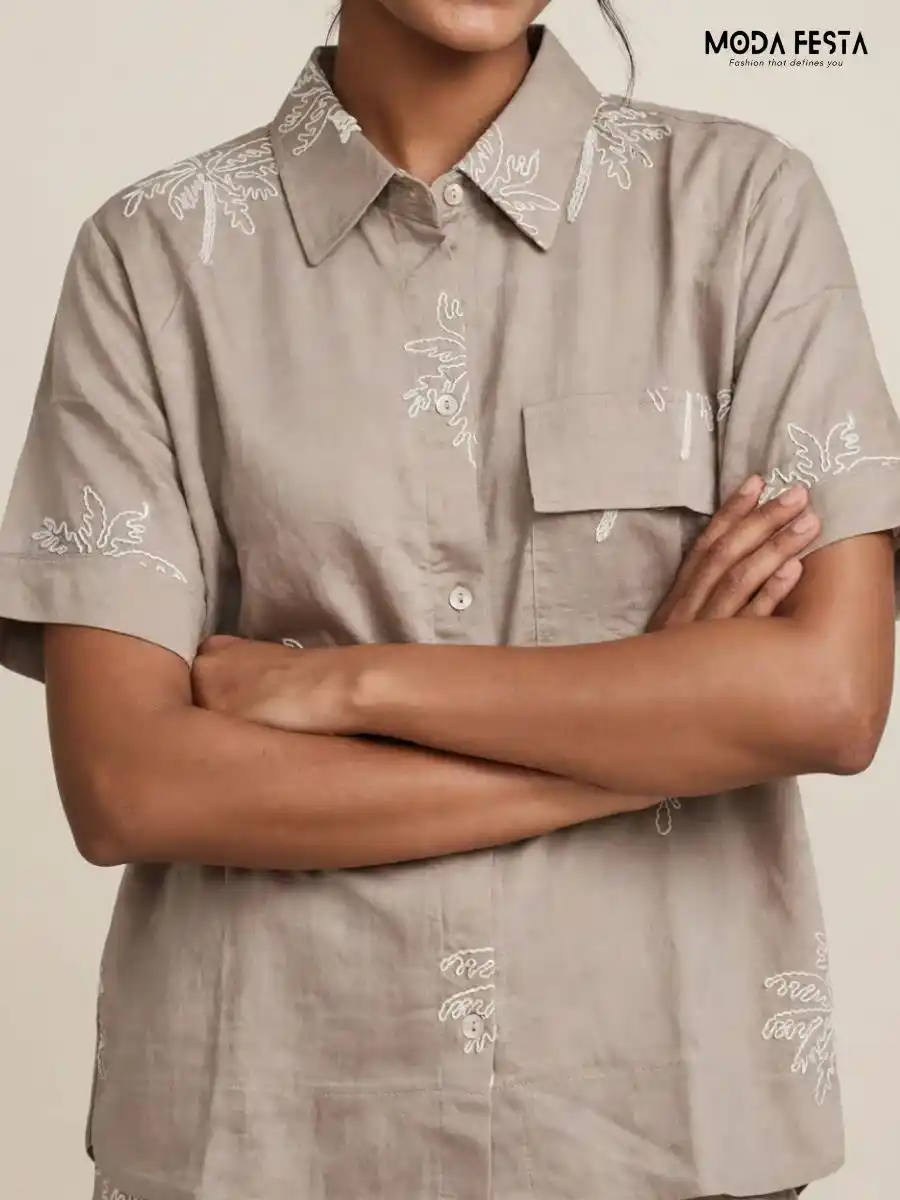 ModaFesta -taupe-palm-tree-embroidered-casual-shirt