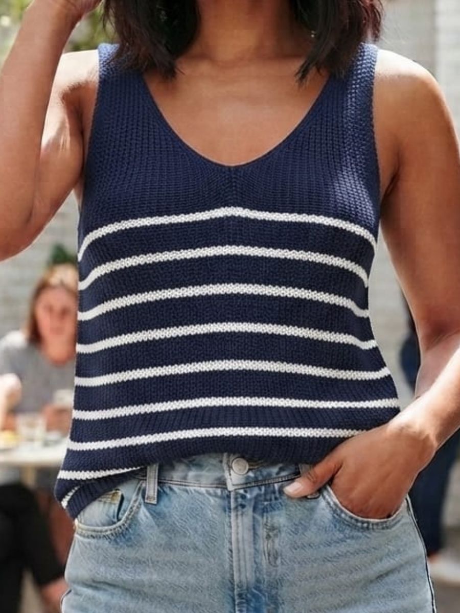 Navy Striped Ribbed Knit Twist Back Tank Top