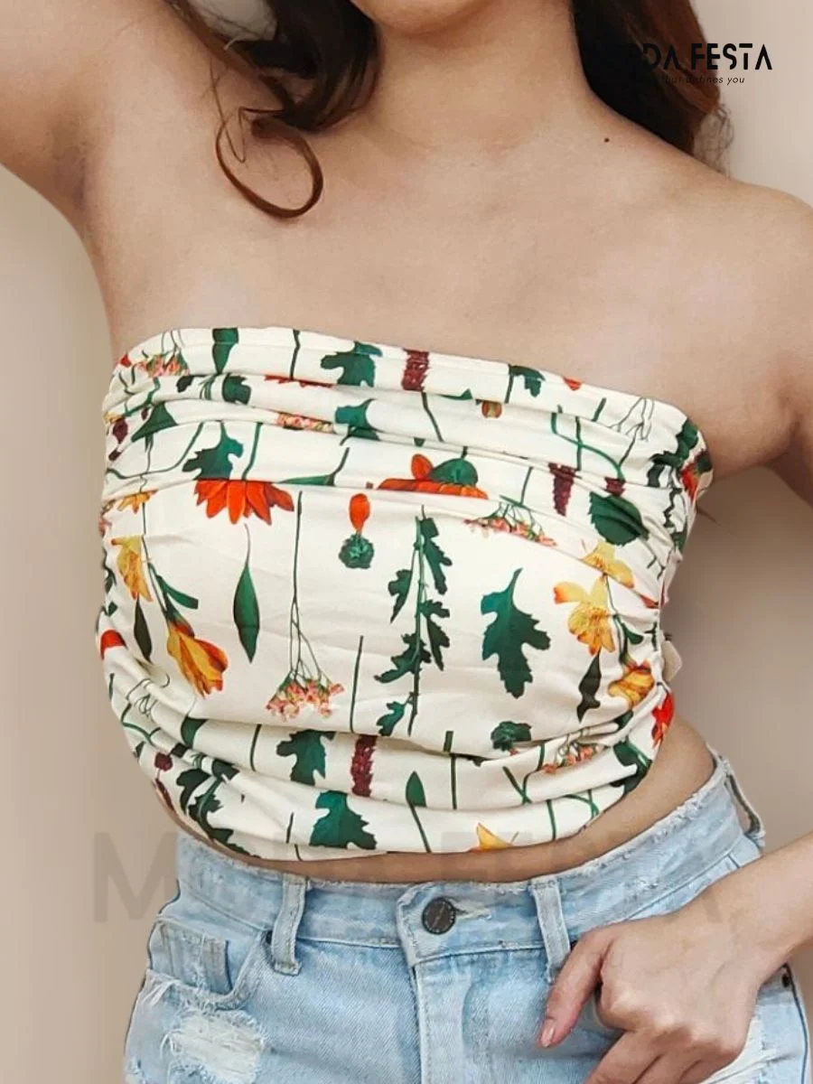 ModaFesta -stylish-floral-print-tube-top-off-white