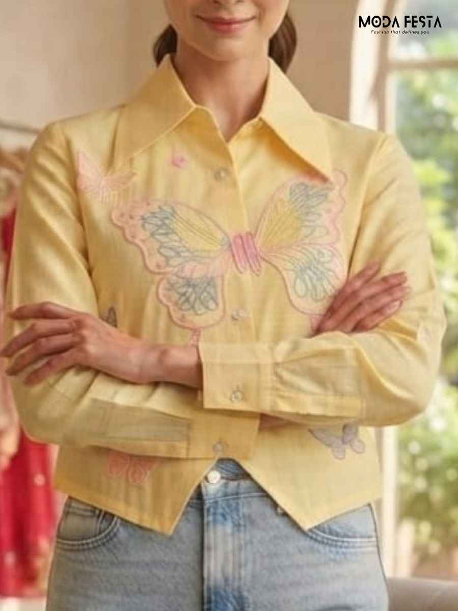 ModaFesta -pastel-yellow-butterfly-embroidered-shirt