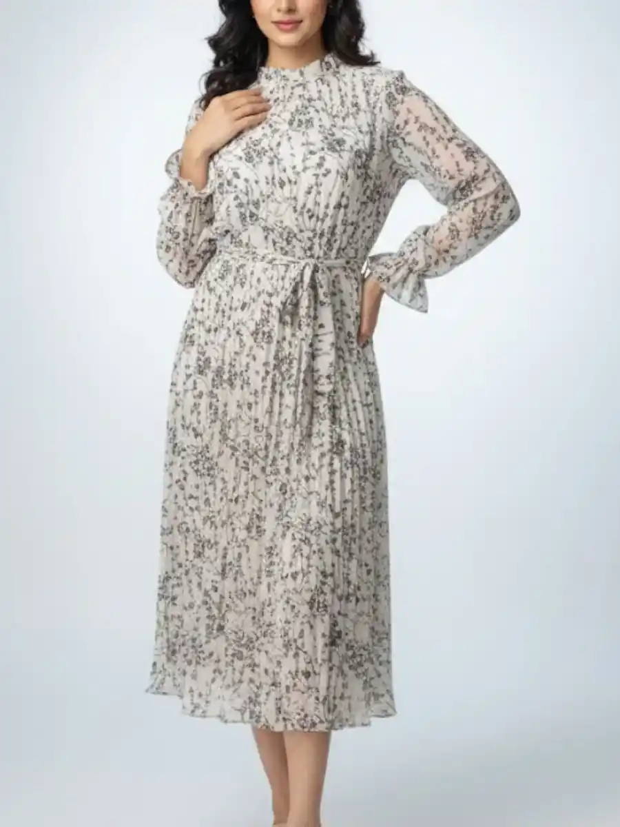 ModaFesta -elegant-frill-floral-print-dress-beige