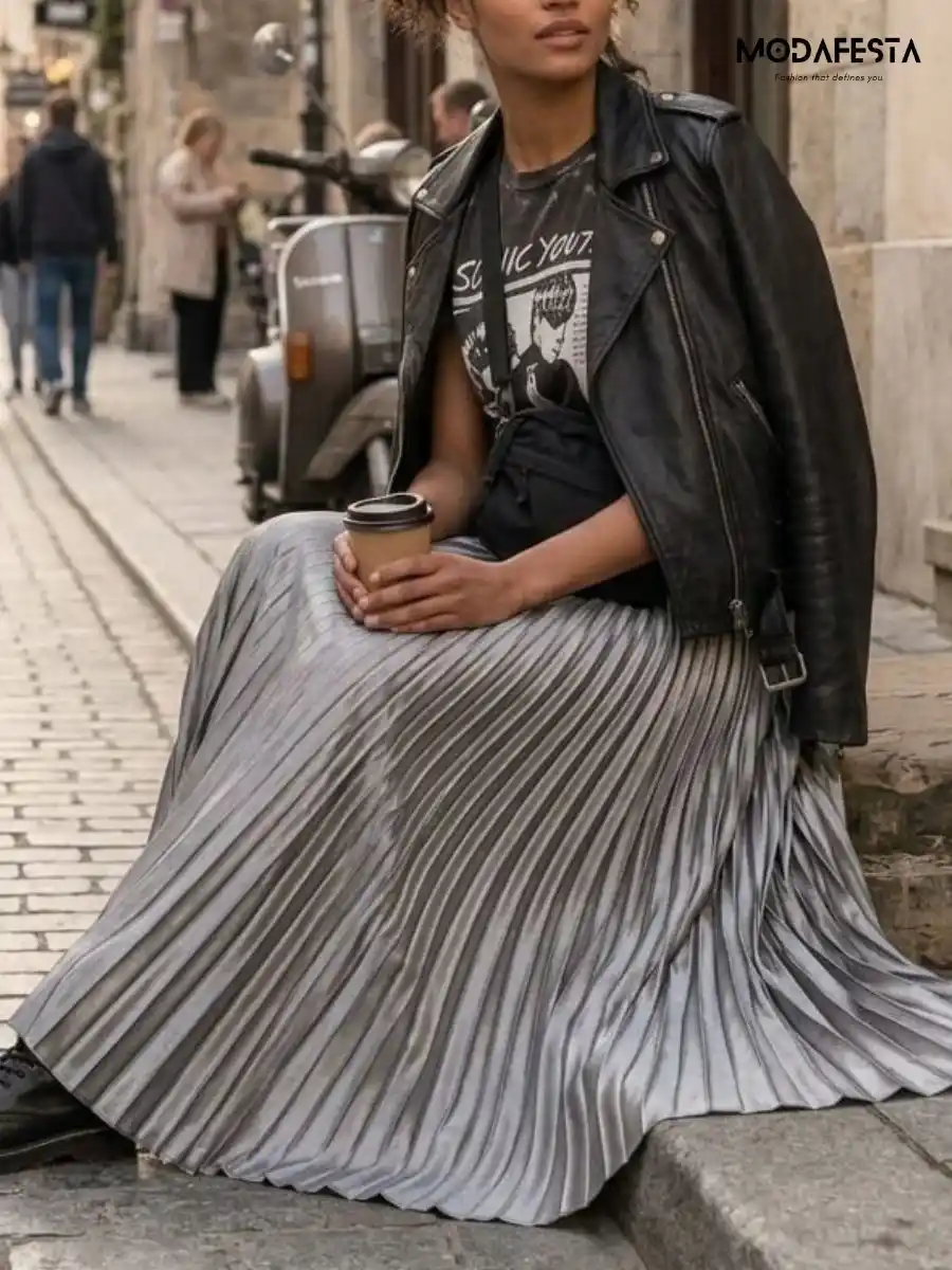 ModaFesta -elegant-satin-high-waist-pleated-skirt-silver