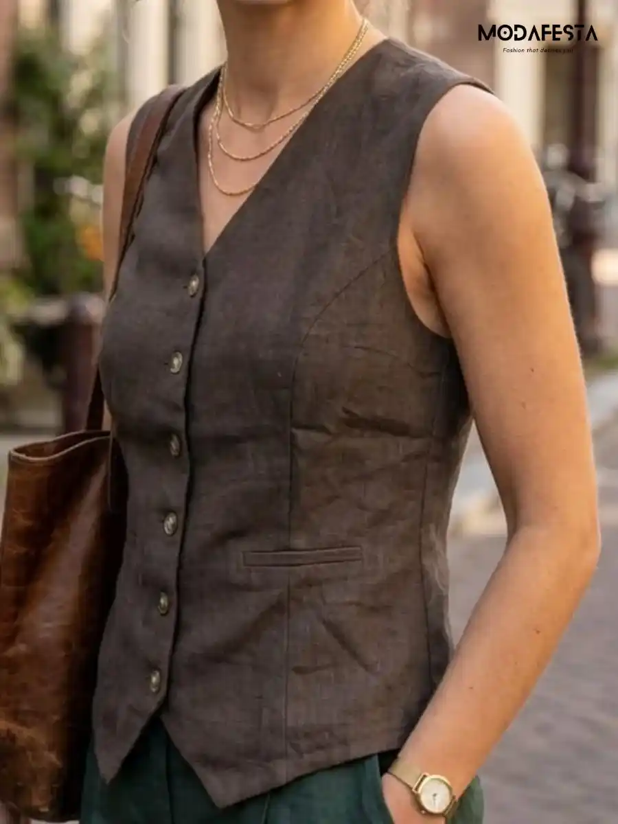 ModaFesta -elegant-linen-waistcoat-back-belt-style-brown