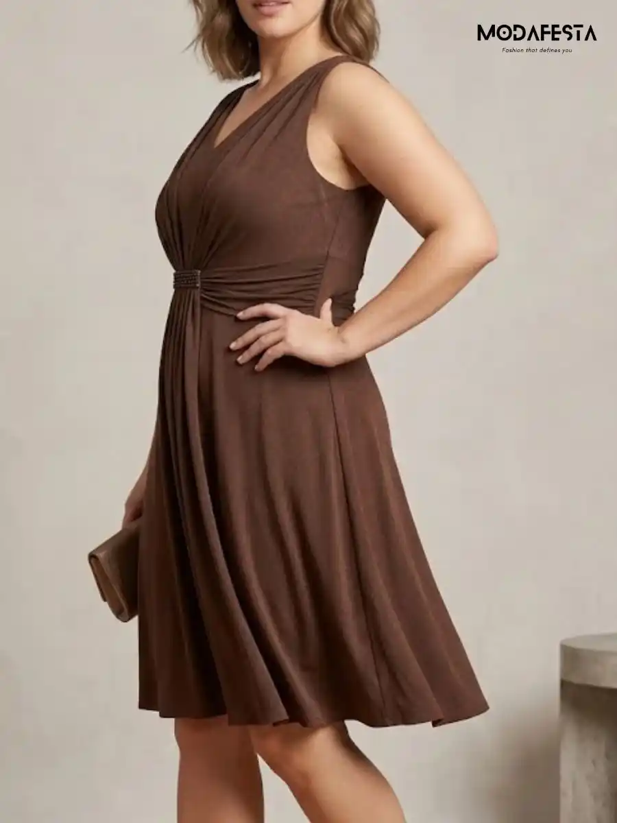 ModaFesta -v-neck-ruched-empire-waist-cocktail-dress-brown