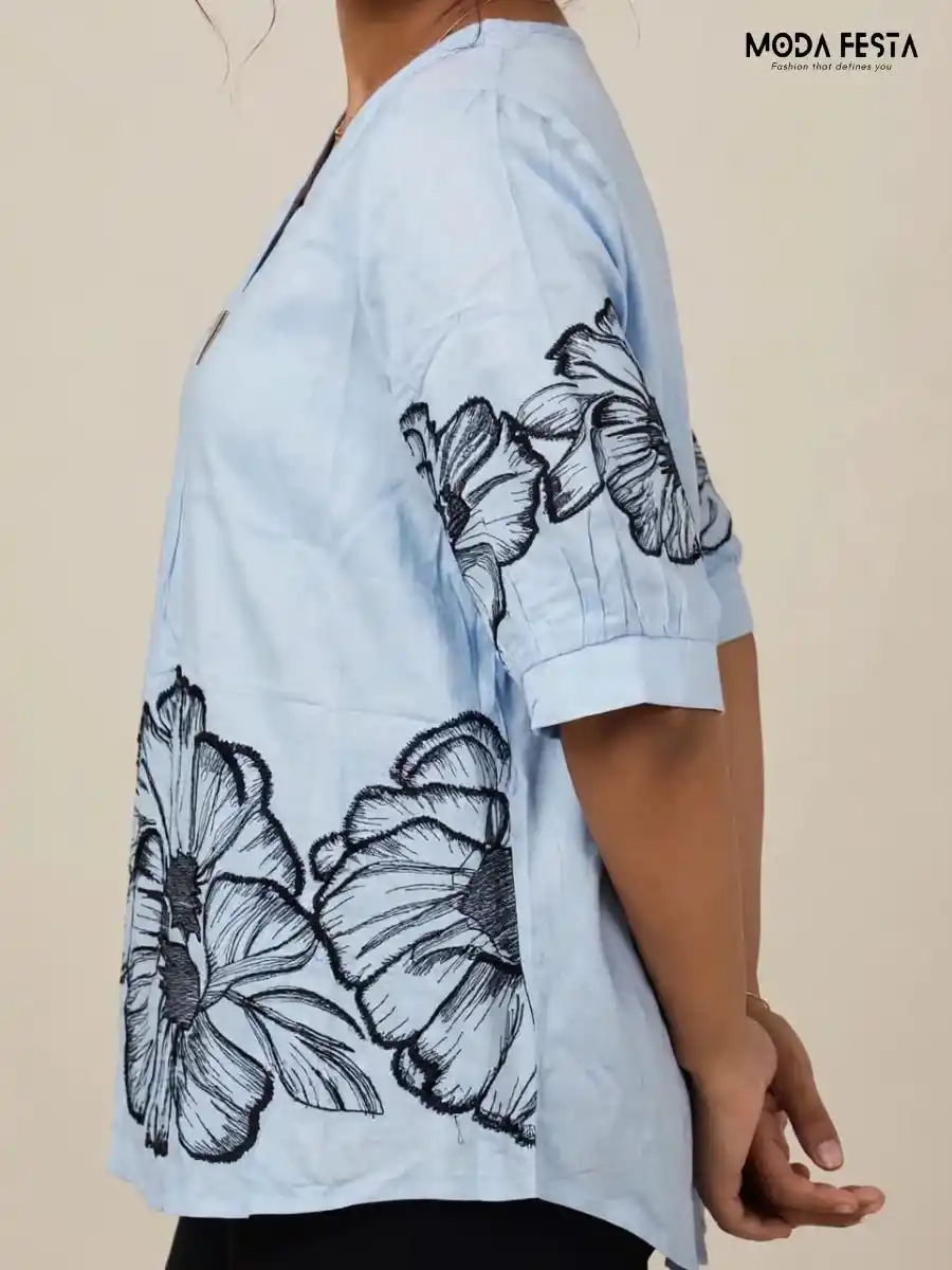 ModaFesta -light-blue-oversized-floral-print-top
