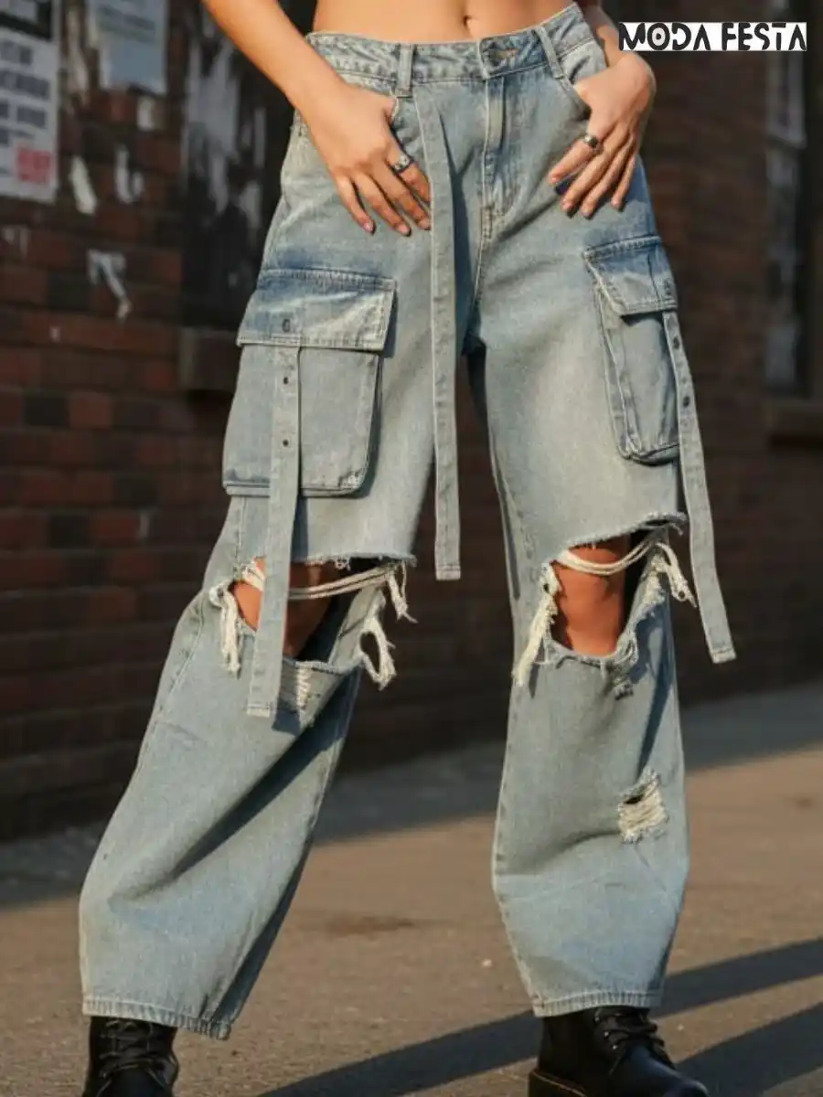 Elegant Silver Shine Cargo Denim Jeans