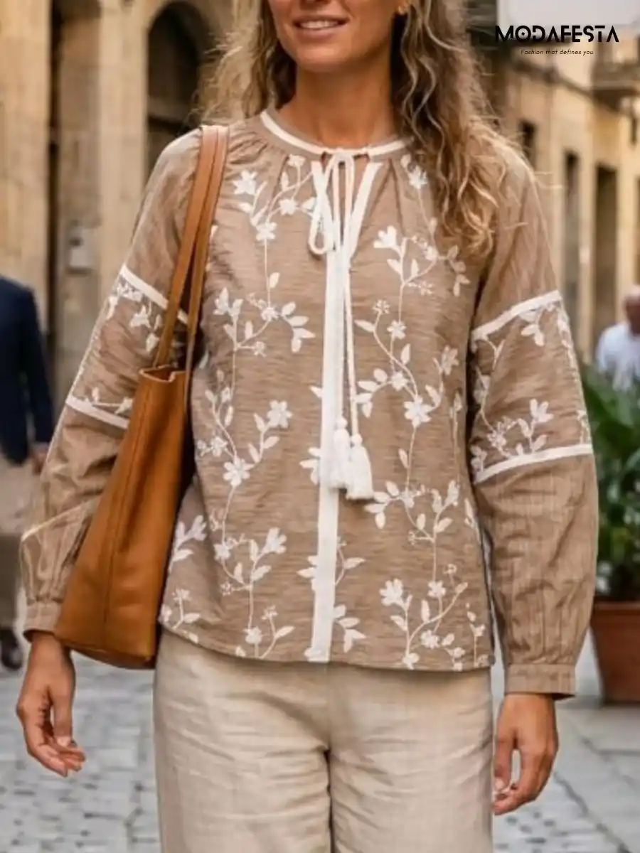 Elegant Floral-Embroidered V Neck Top