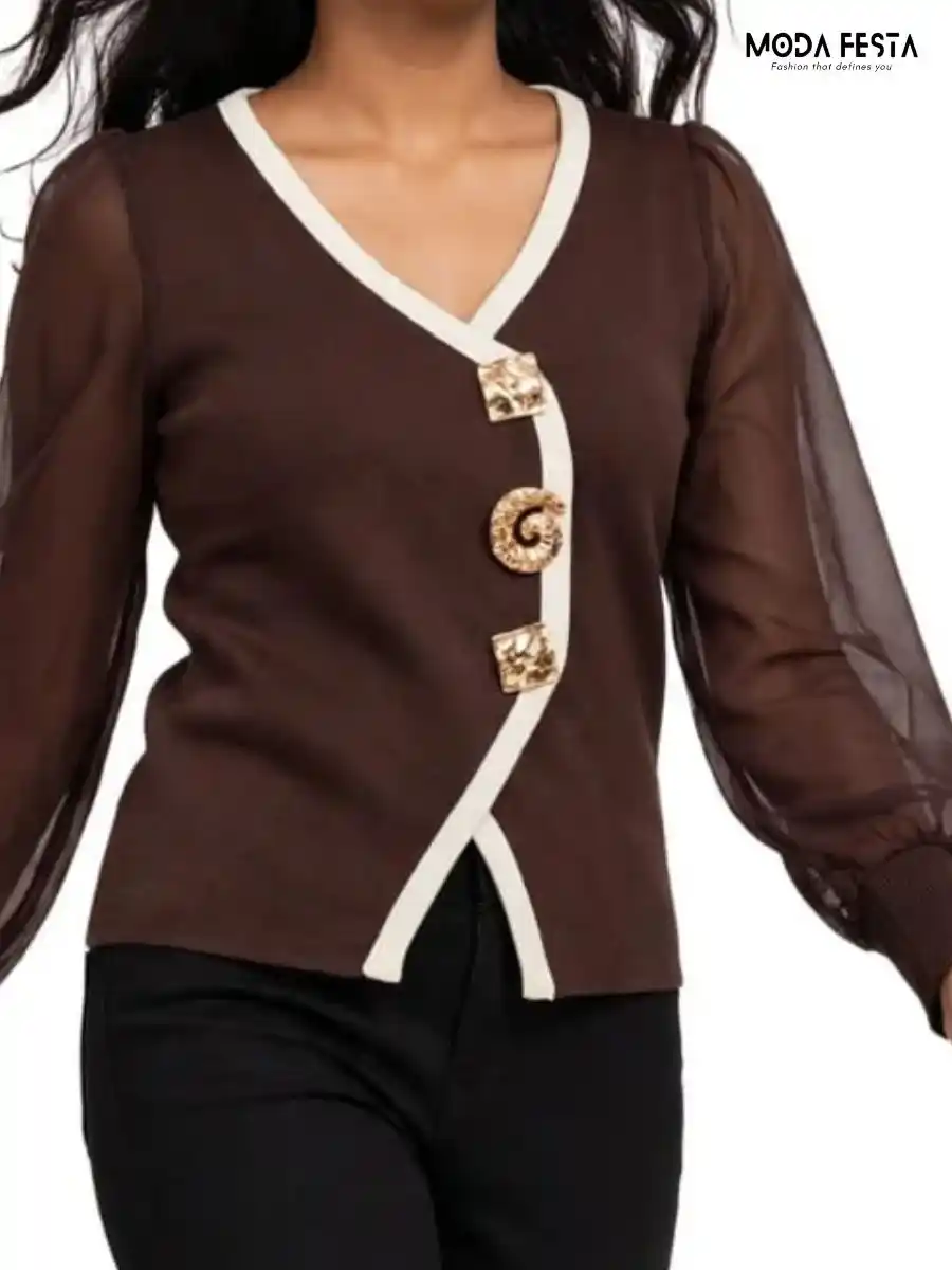 ModaFesta -brown-white-contrast-trim-asymmetric-statement-top