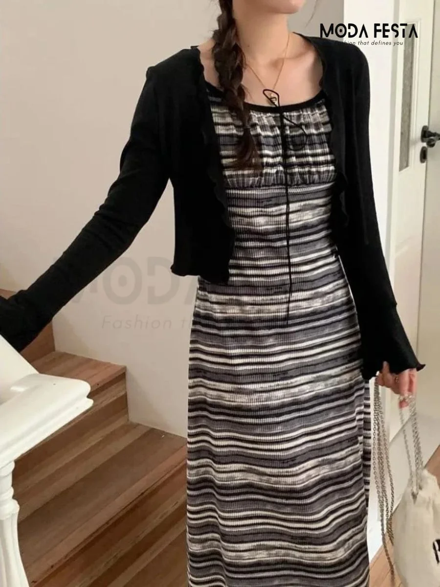 ModaFesta - striped-dress-with-shrug-black