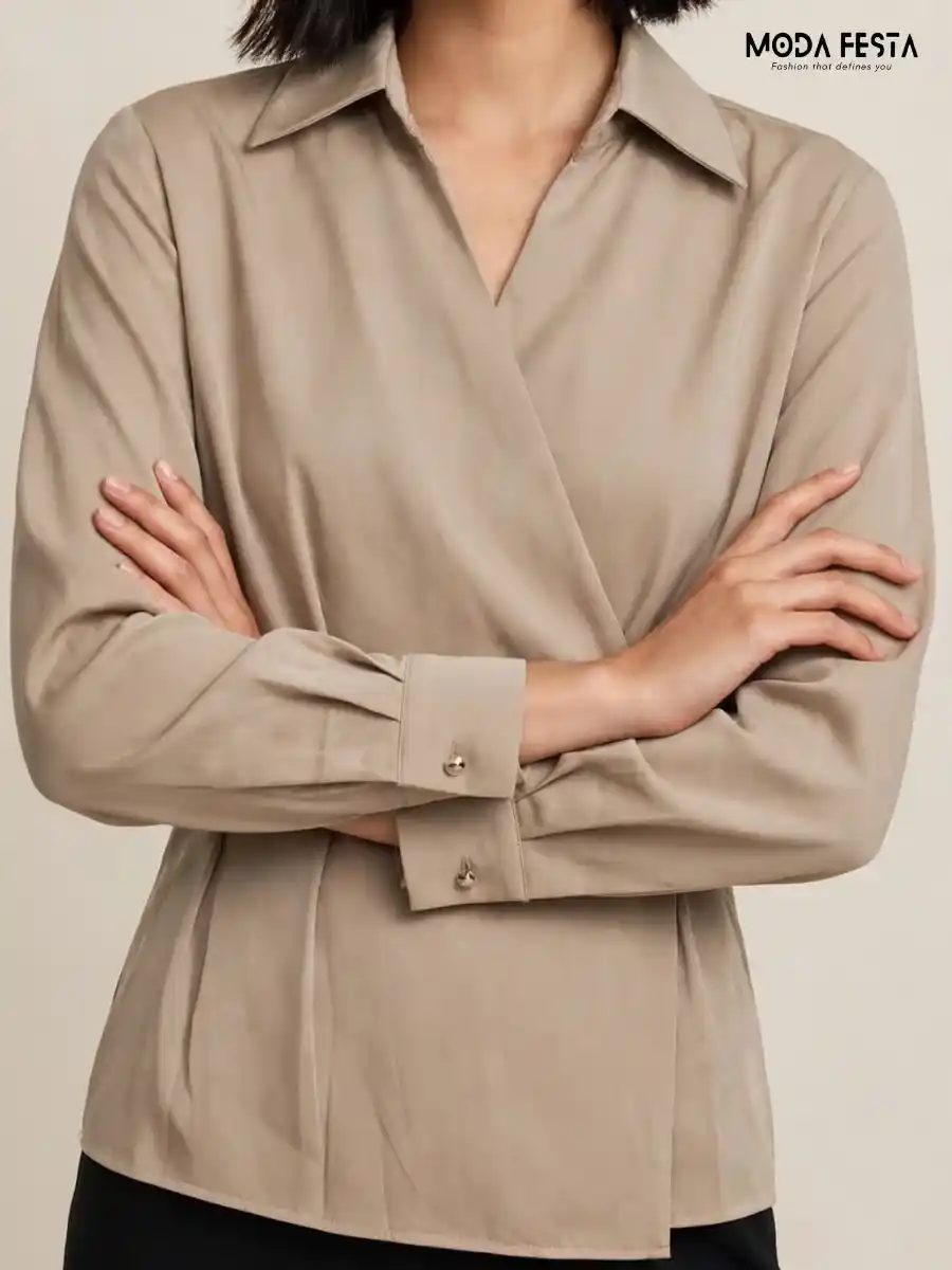 ModaFesta -beige-satin-wrap-style-collared-long-sleeve-top