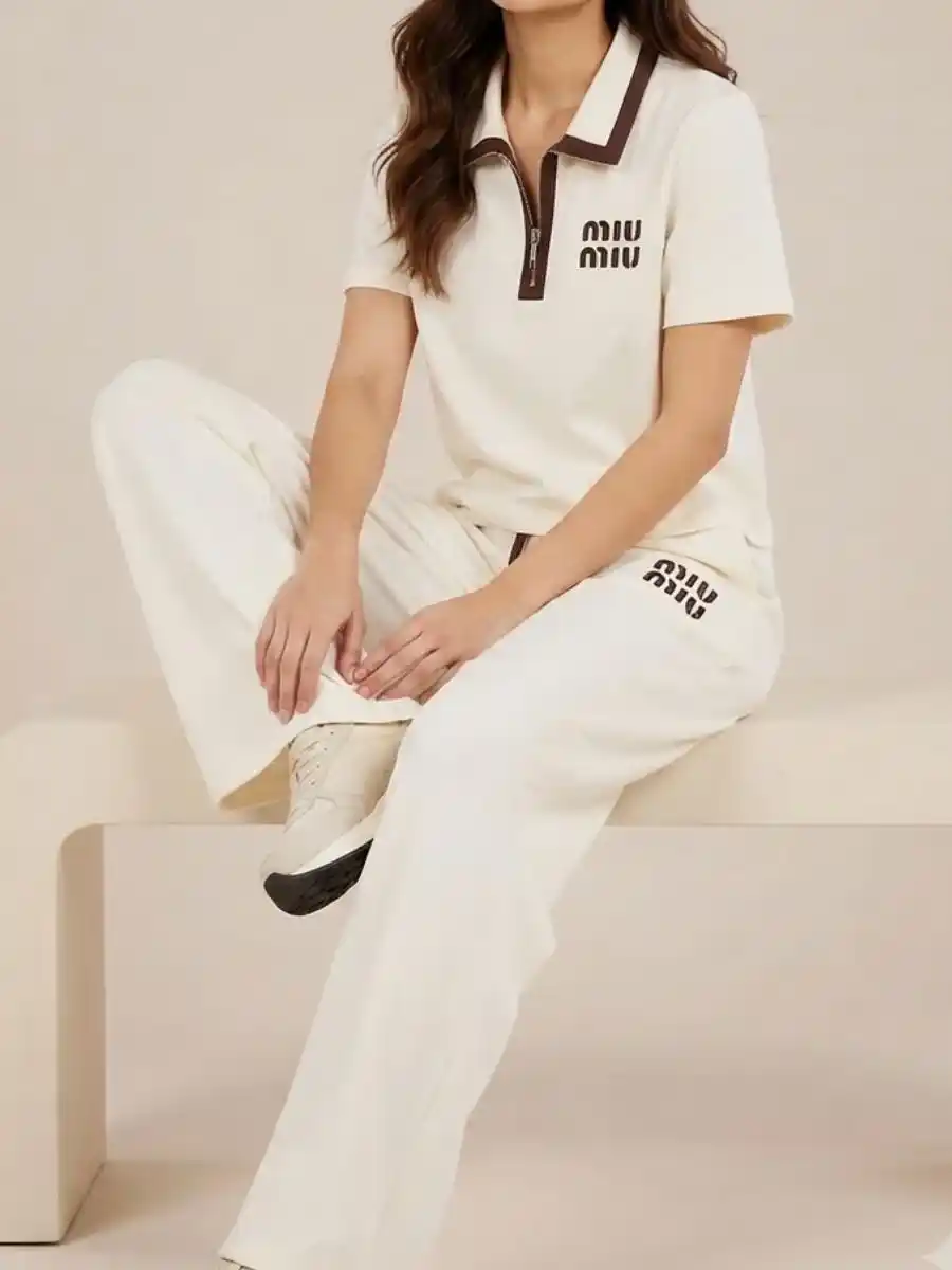 ModaFesta -miu-miu-contrast-trim-zip-polo-wide-leg-tracksuit-set