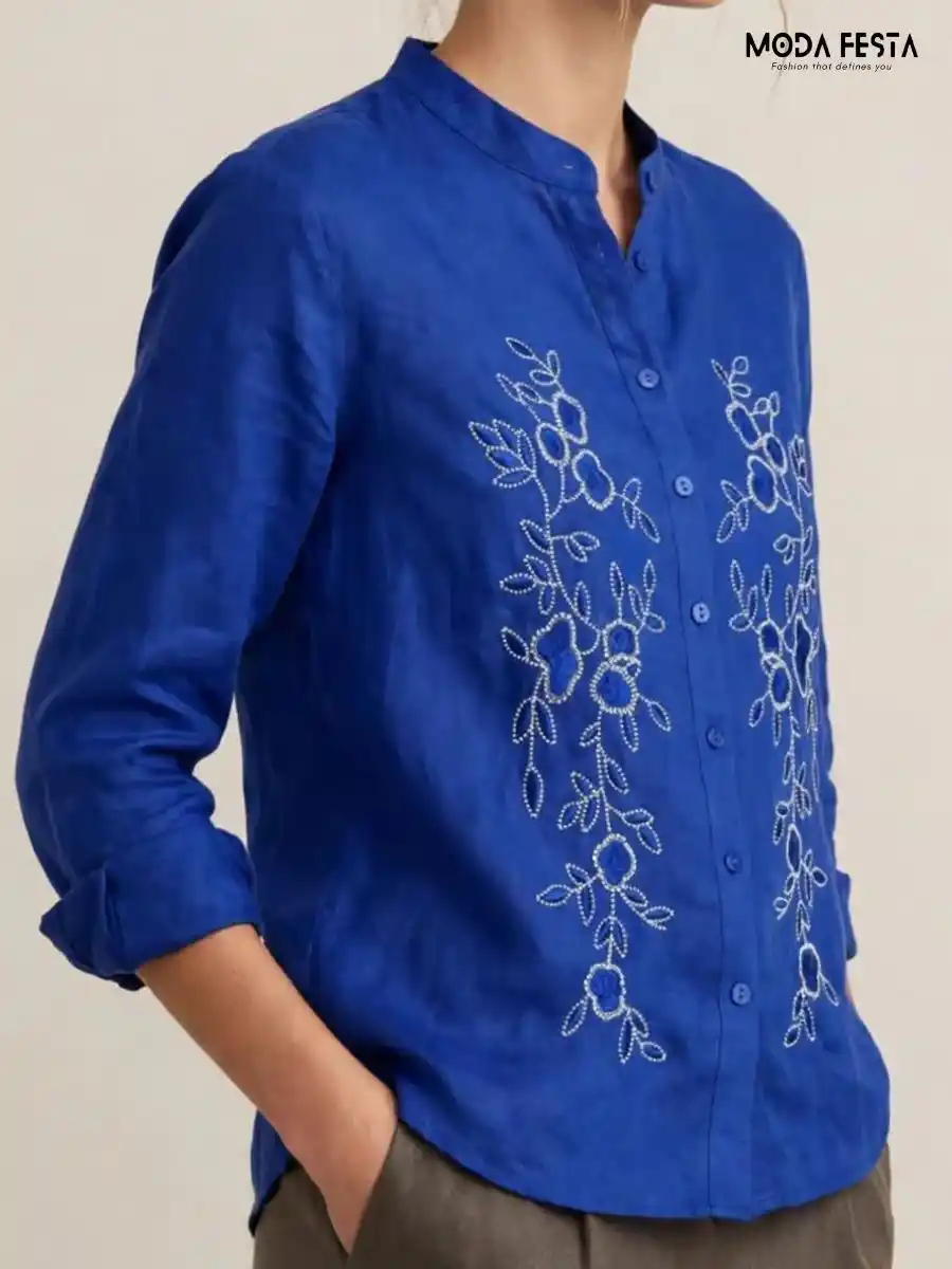 ModaFesta -royal-blue-floral-embroidered-button-down-top