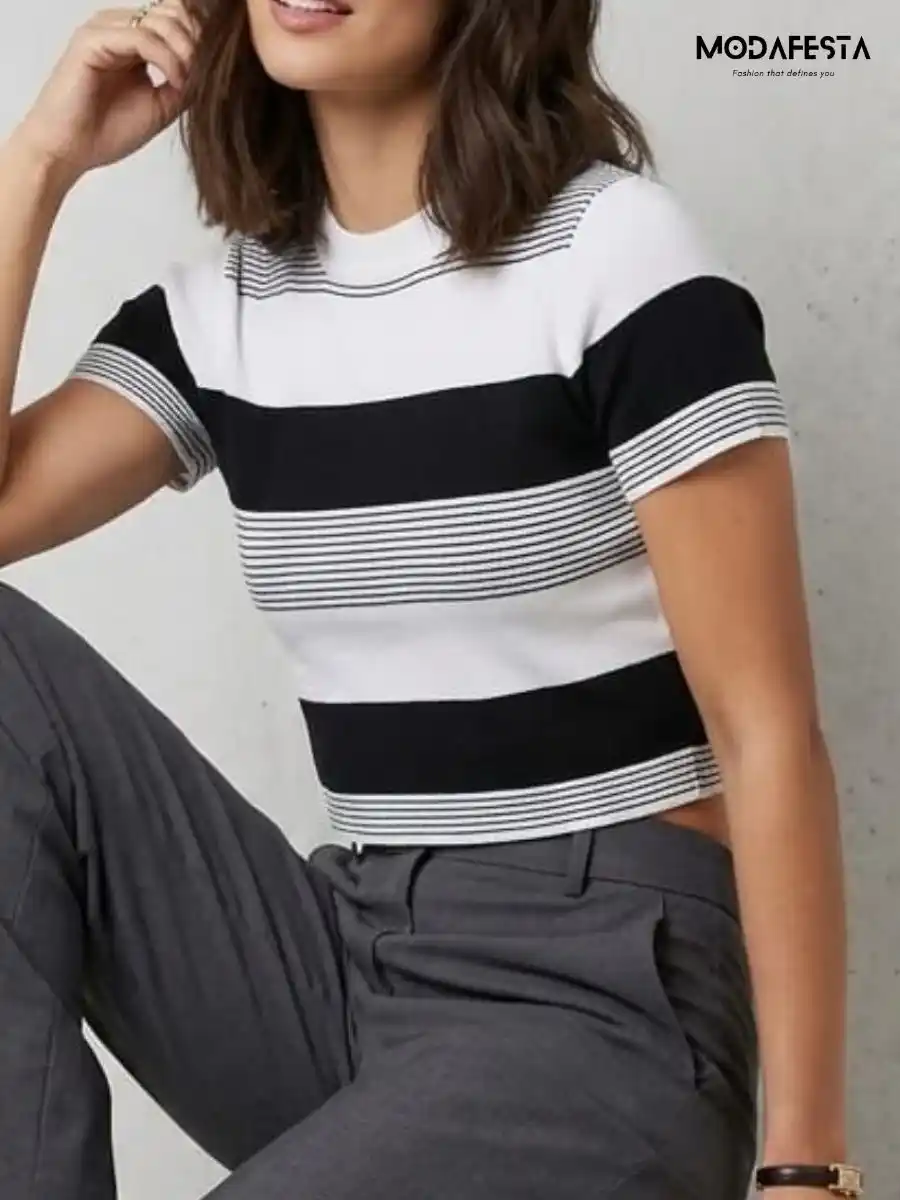 ModaFesta -elegant-black-and-white-striped-crop-t-shirt
