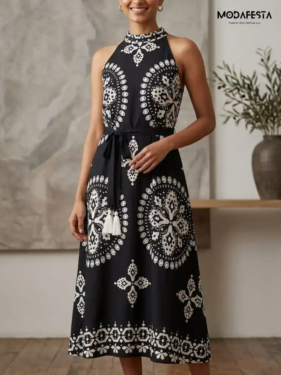 ModaFesta -elegant-black-abstract-print-dress-with-belt-black