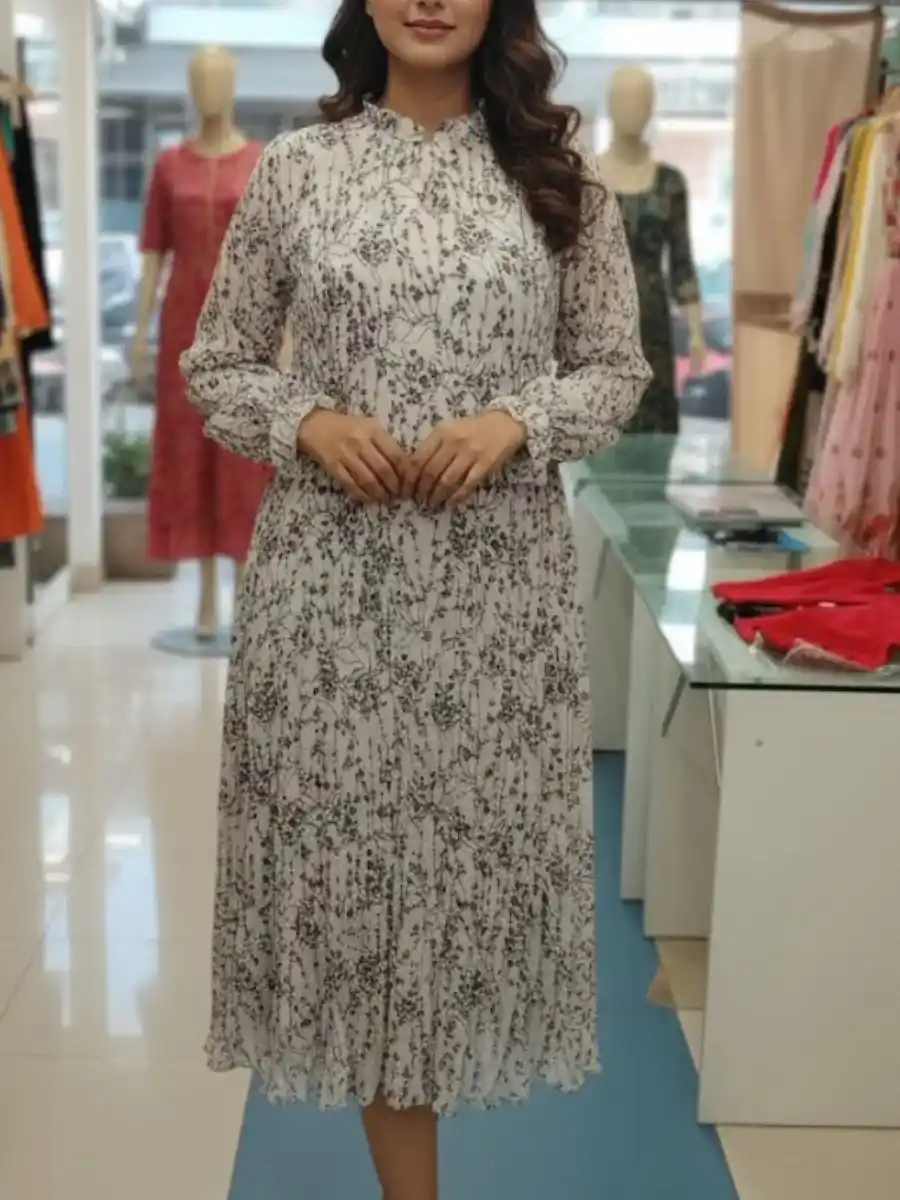 ModaFesta -elegant-frill-floral-print-dress-beige