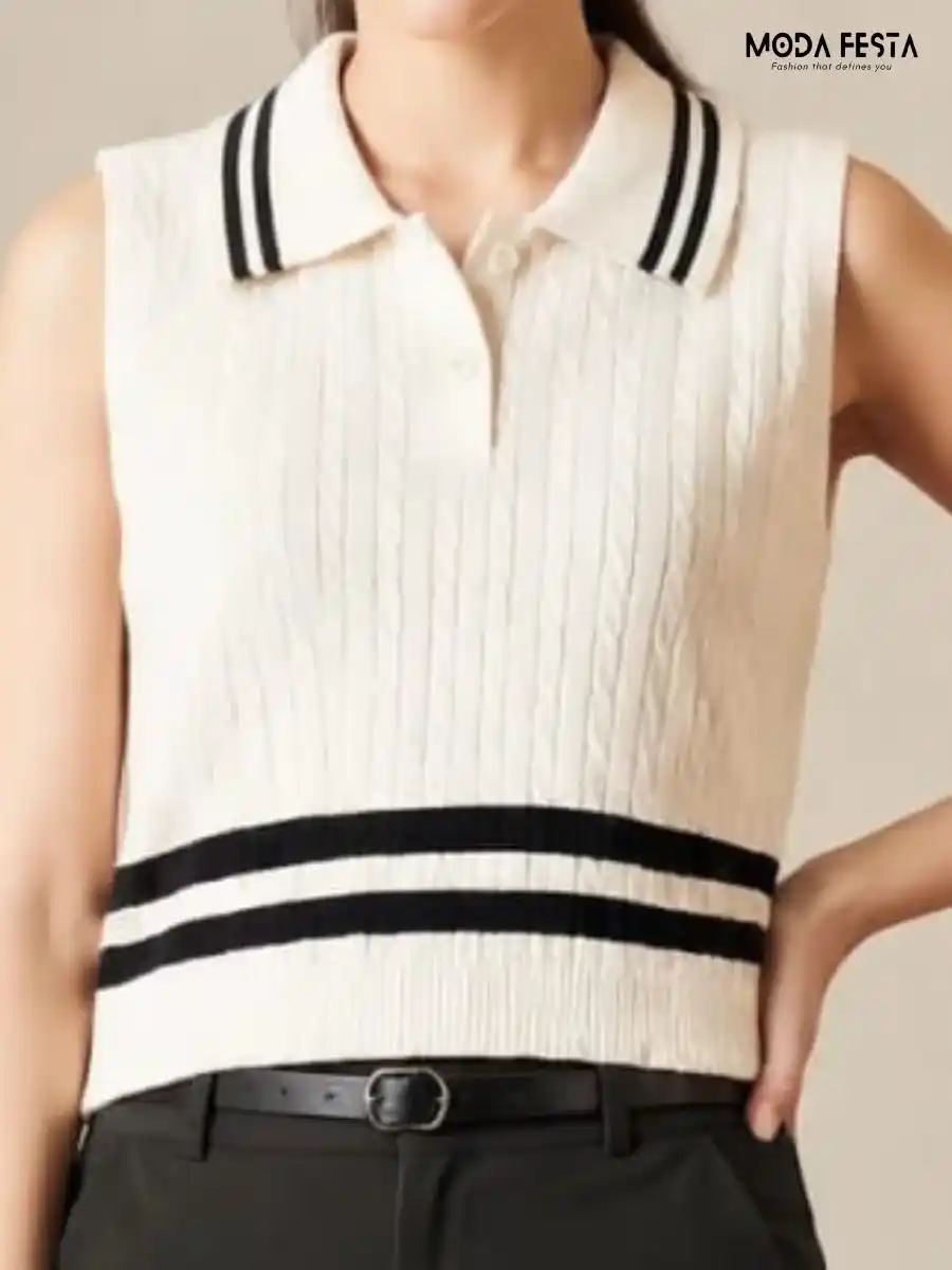 ModaFesta -cream-black-striped-cable-knit-sleeveless-polo-top