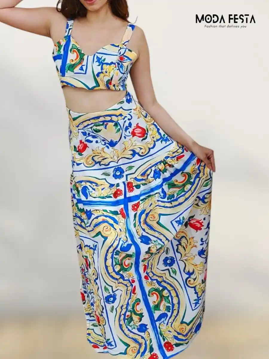 ModaFesta -floral-v-neck-top-with-skirt-coord-set-orange