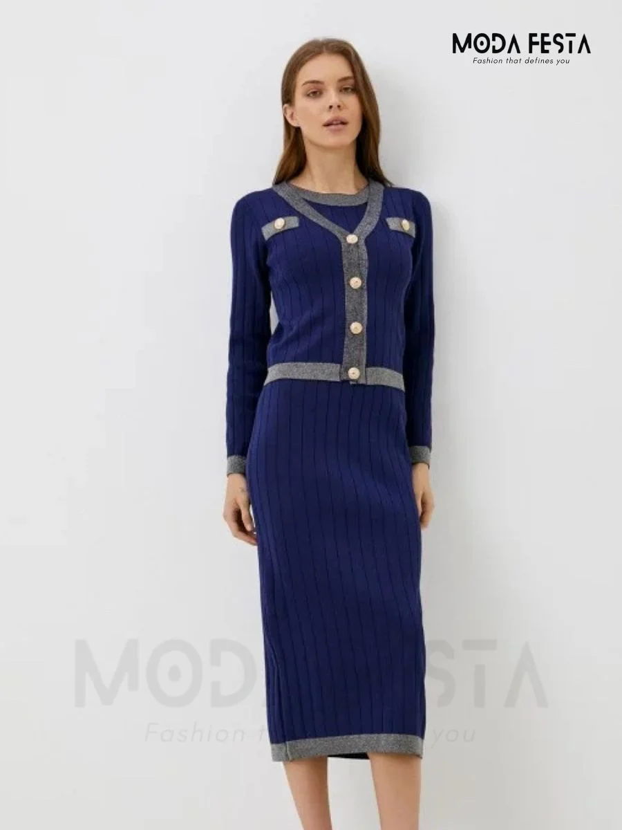 ModaFesta - v-neck-two-piece-dress-blue