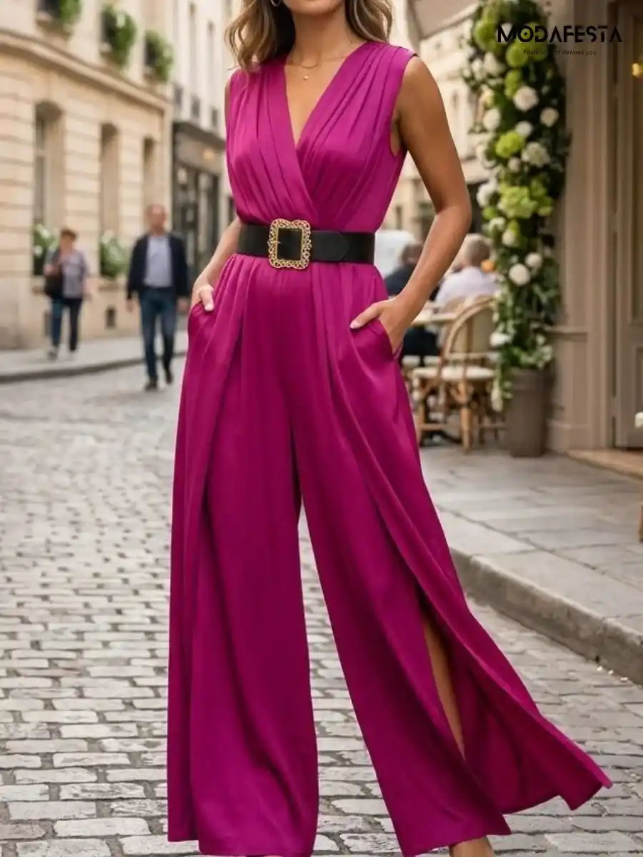 Satin Jumpsuit With Cinched Waist With Belt