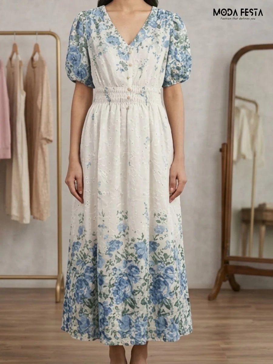 Chikan Dress Printed H/S