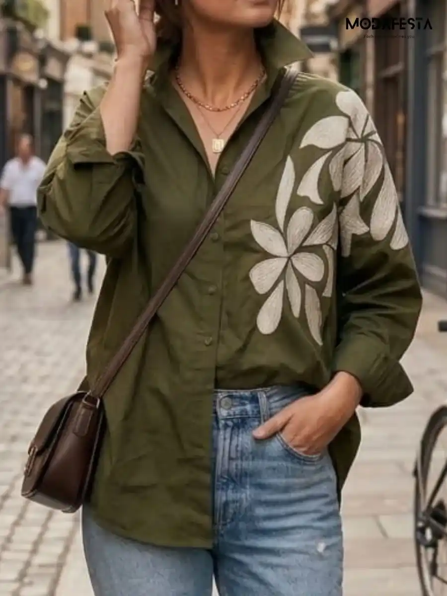 ModaFesta -elegant-floral-print-shirt-work-on-shoulder-olive-green