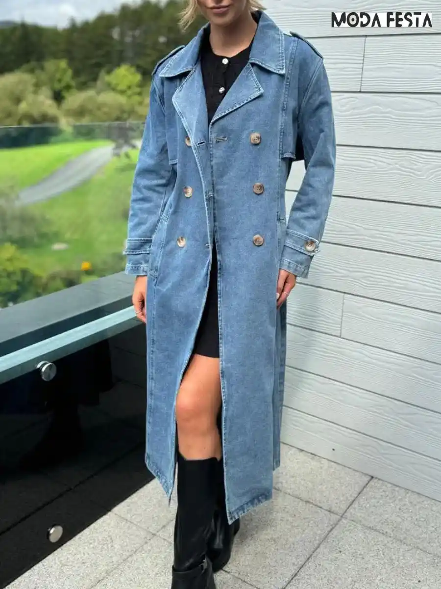 Elegant Denim Trench Coat Dress
