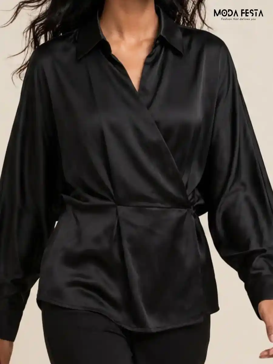 ModaFesta -black-satin-wrap-style-collared-long-sleeve-top
