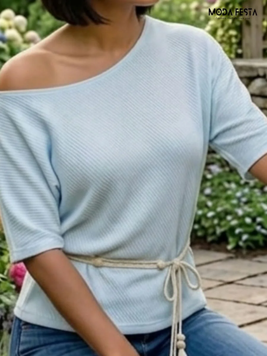Off-shoulder ribbed knit top with a matching waist tie