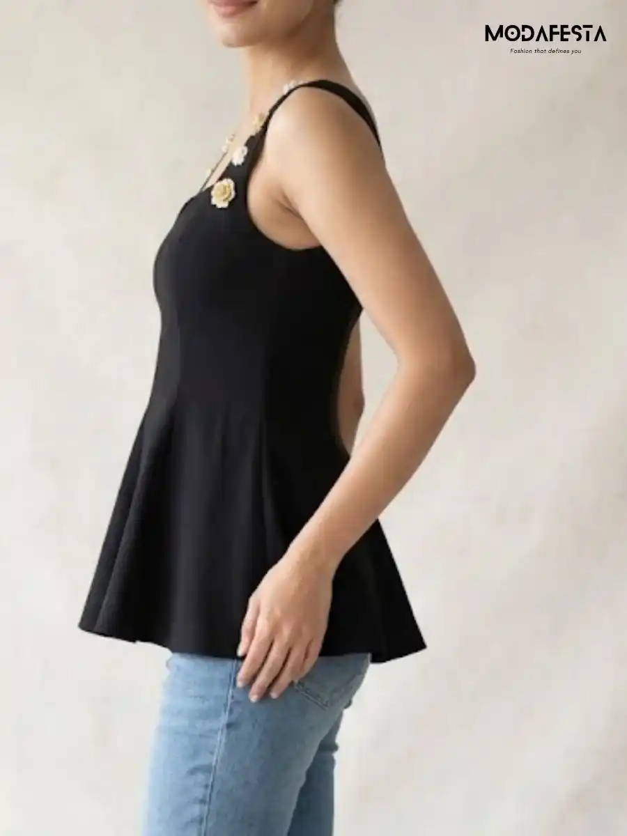 ModaFesta -elegant-a-line-party-top-with-sleeve-broach-black