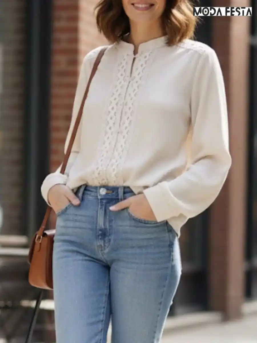 ModaFesta -elegant-cream-lace-pattern-shirt-beige