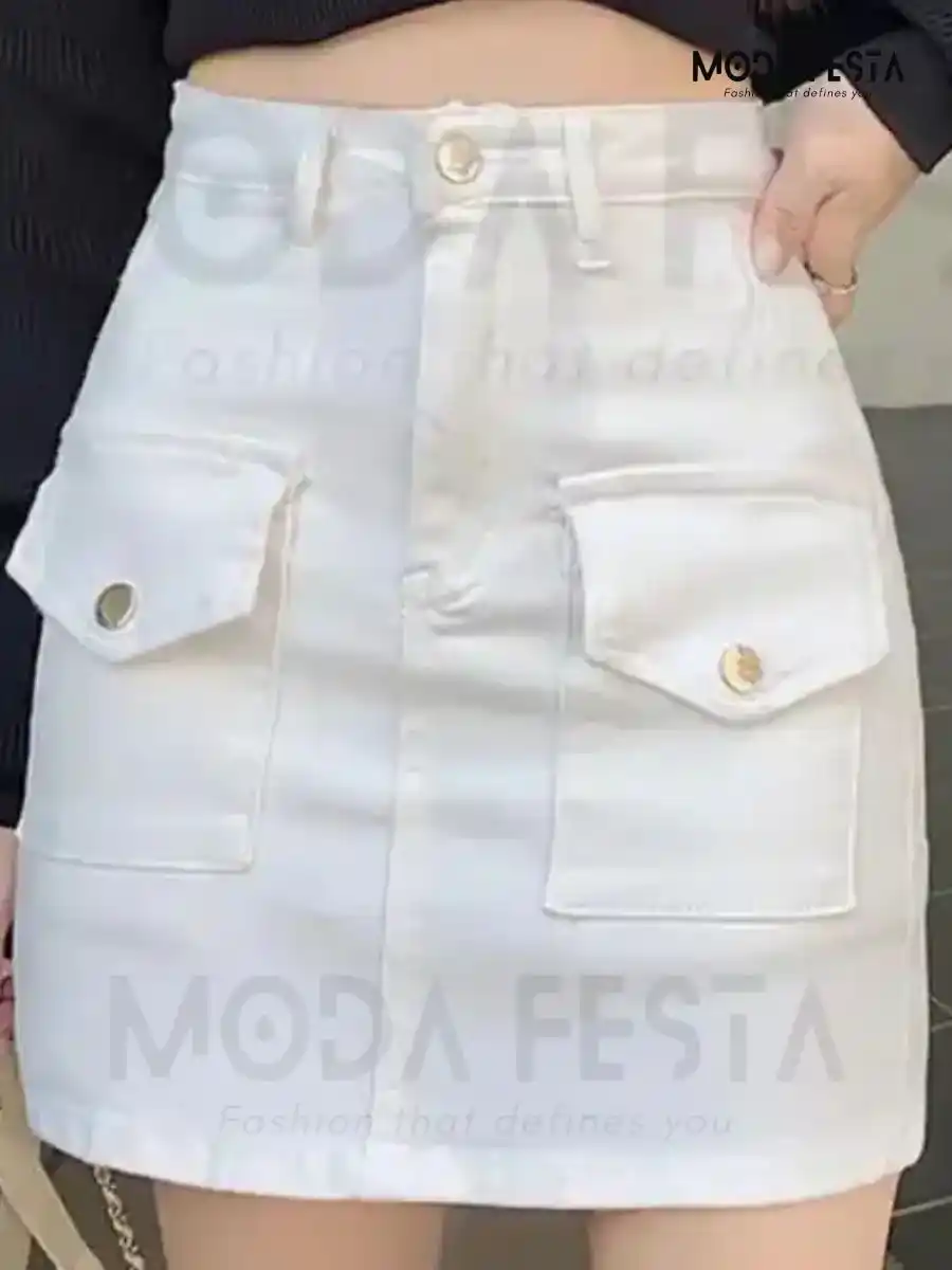 ModaFesta - cargo-denim-mini-skirt-white
