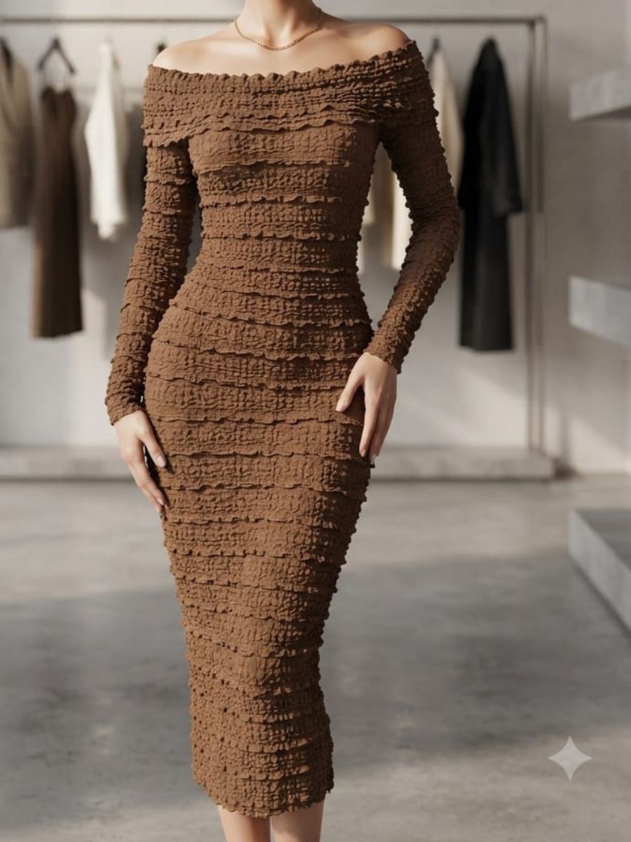 ModaFesta -off-shoulder-bodycon-full-sleeve-strecheble-dress-brown