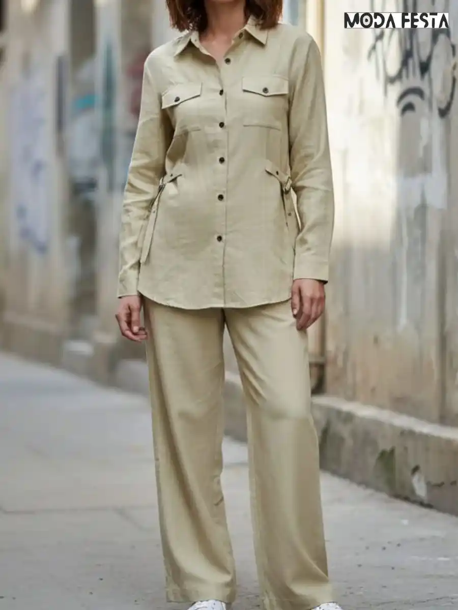 ModaFesta -safari-style-coord-set-with-side-belt-beige