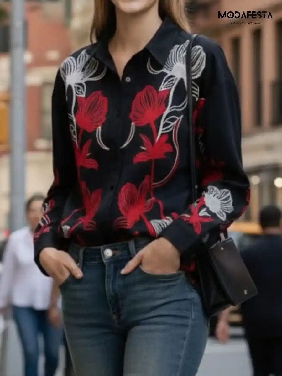 ModaFesta -elegant-floral-print-embroidered-shirt-black
