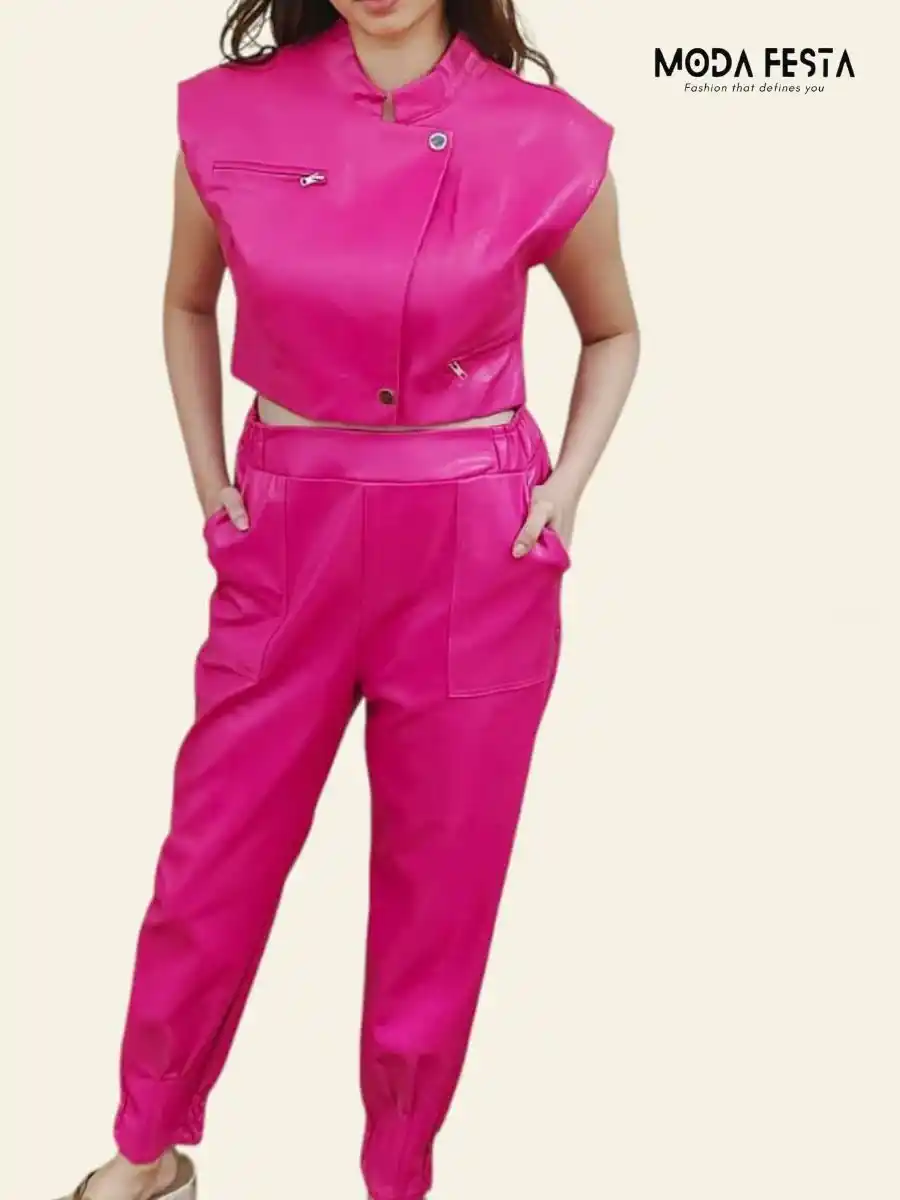 ModaFesta -rider-biker-girl-magenta-leather-coord-set