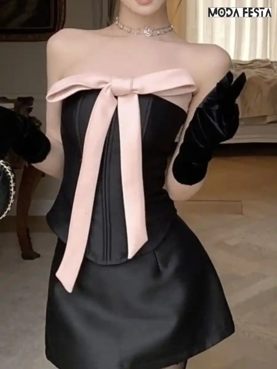 Black Strapless Bow Style Tube Top