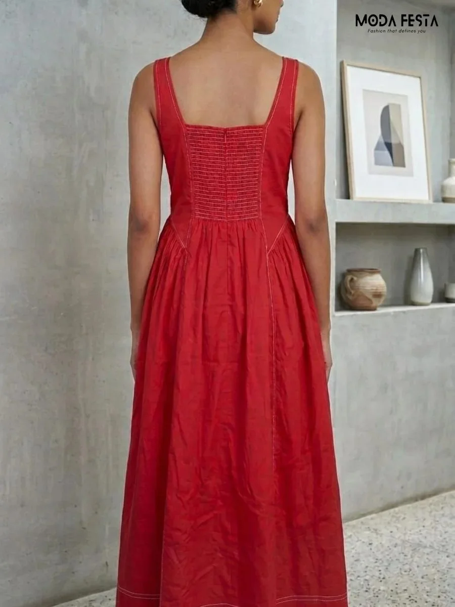 ModaFesta -contrast-stitch-square-neck-midi-dress-red