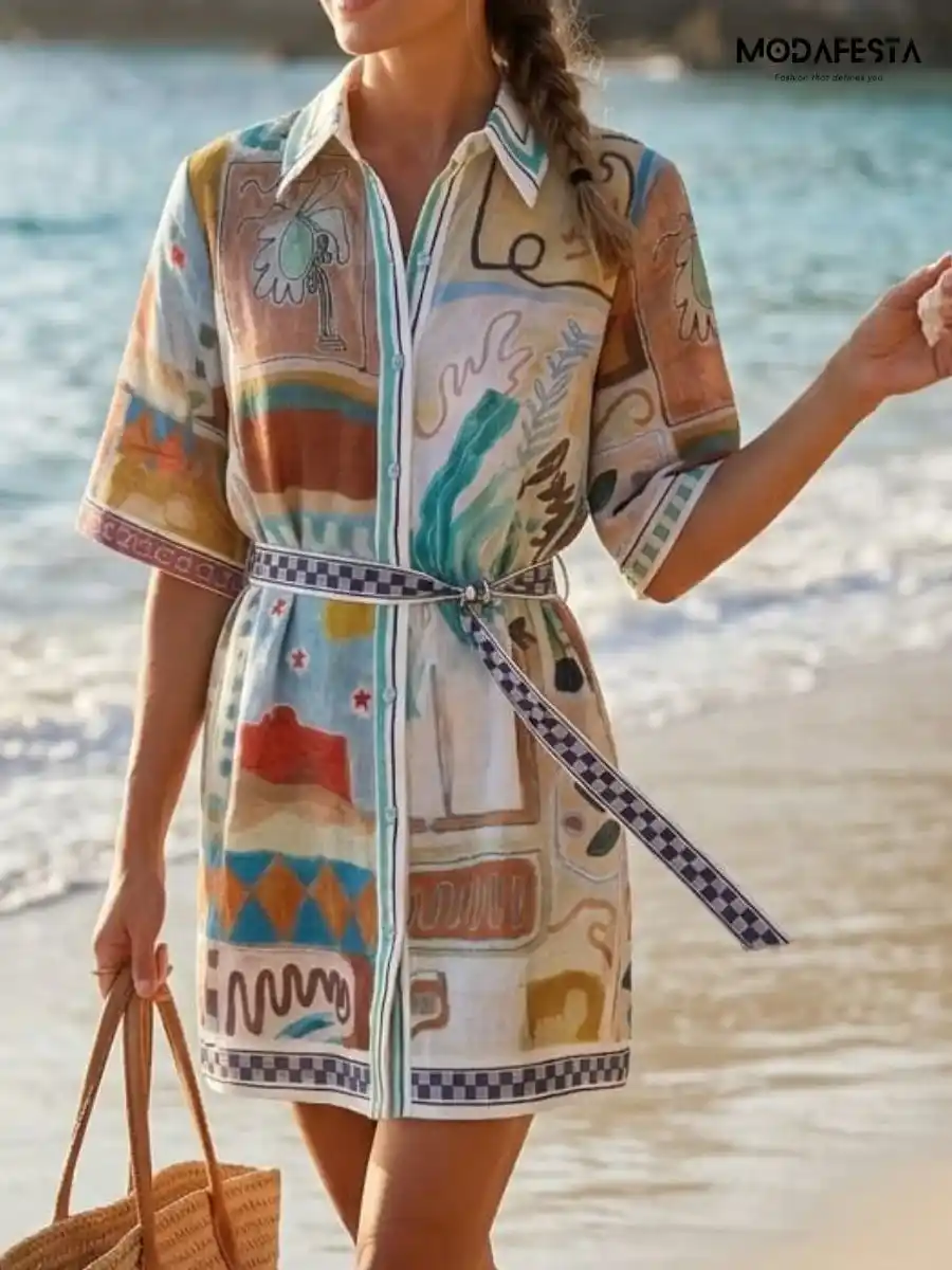 Elegant Abstract Print Mini Shirt Dress