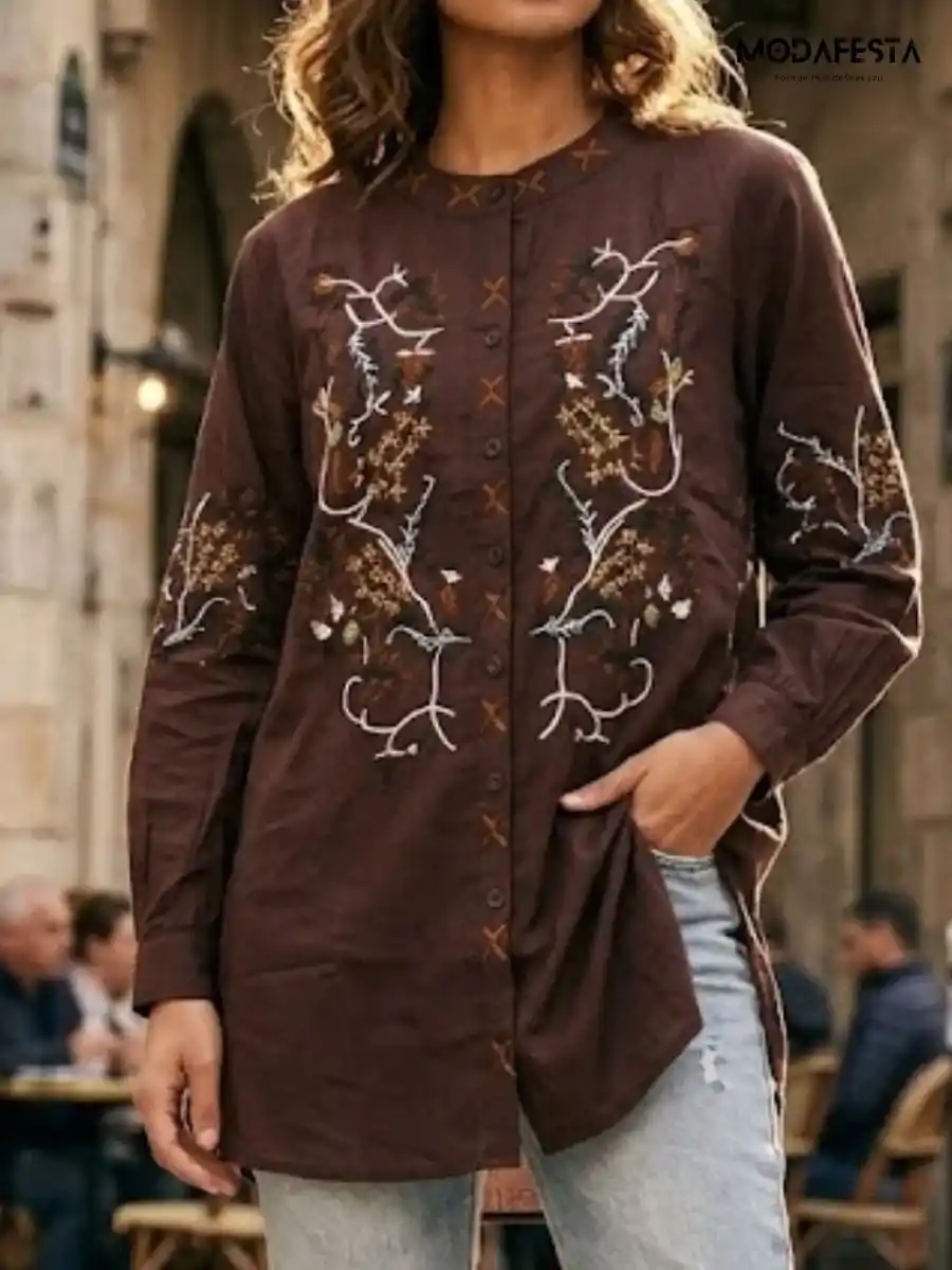 ModaFesta -elegant-floral-embroidered-cotton-shirt-1-brown