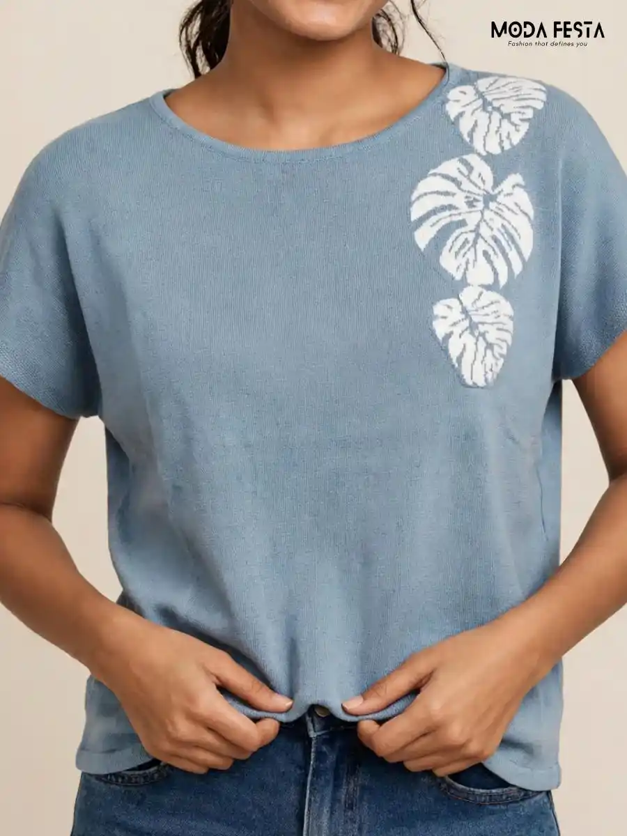 ModaFesta -dusty-blue-white-leaf-motif-short-sleeve-knit-top