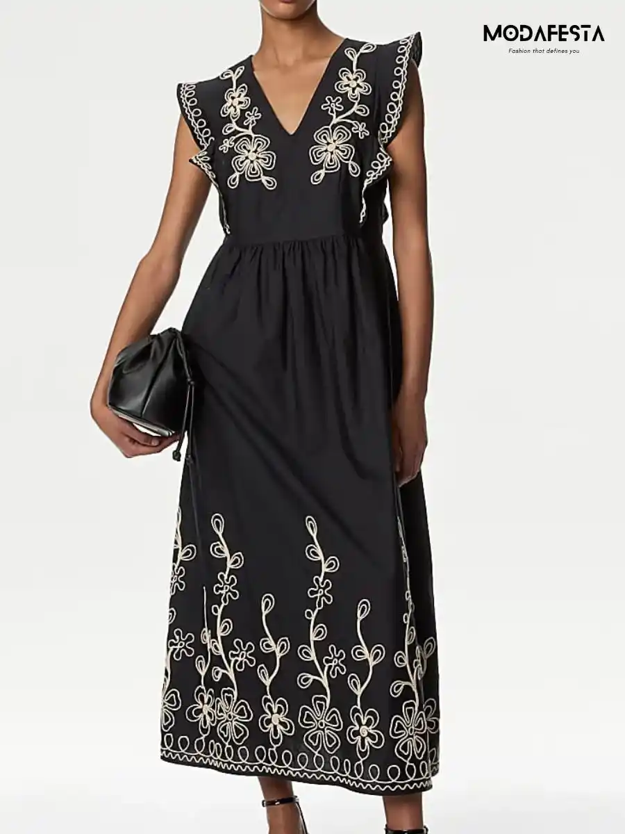 Elegant Linen Embroidered Dress