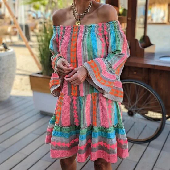 ModaFesta -flared-summer-dress-green-blue-geometric-printed