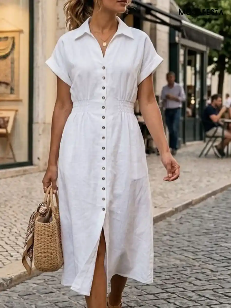 ModaFesta -elegant-linen-button-down-midi-dress-white
